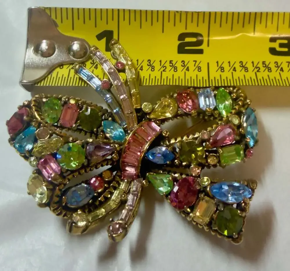 Vtg Pastel Crystal Rhinestone Hollycraft Bow Brooch 2.25 x 2